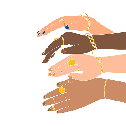 Multiracial women hands with gold jewelry. Bracelets and rings on female hands. Gold Jewelry and luxury accessories on white background close up. High Fashion art concept