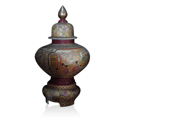 old multi color,red and gold ceramic lid and ceramic vase on white background, object, decor, ancient, vintage, copy space