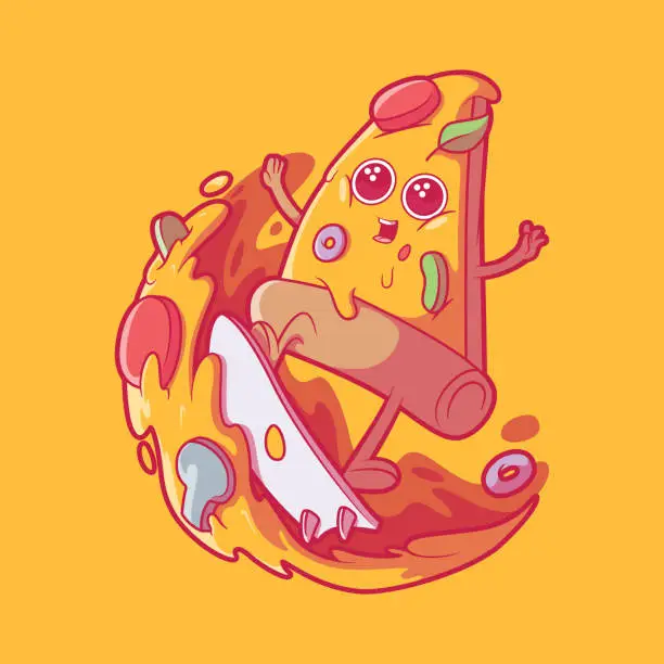 Vector illustration of Pizza character surfing on a board vector illustration.