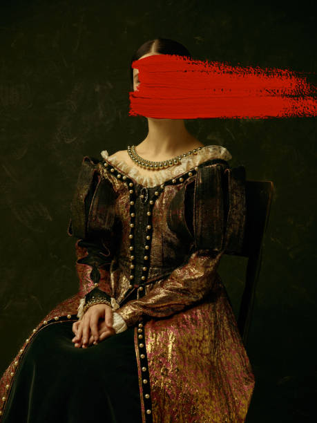 Creative artwork. Portrait of girl wearing antic princess or countess dress with red stroke of watercolor paint over dark background. Contemporary art, eras comparison concept Creative artwork. Portrait of girl wearing antic princess, countess dress with red stroke of watercolor paint on dark background. Contemporary art, eras comparison concept. Design for picture, poster duchess photos stock pictures, royalty-free photos & images