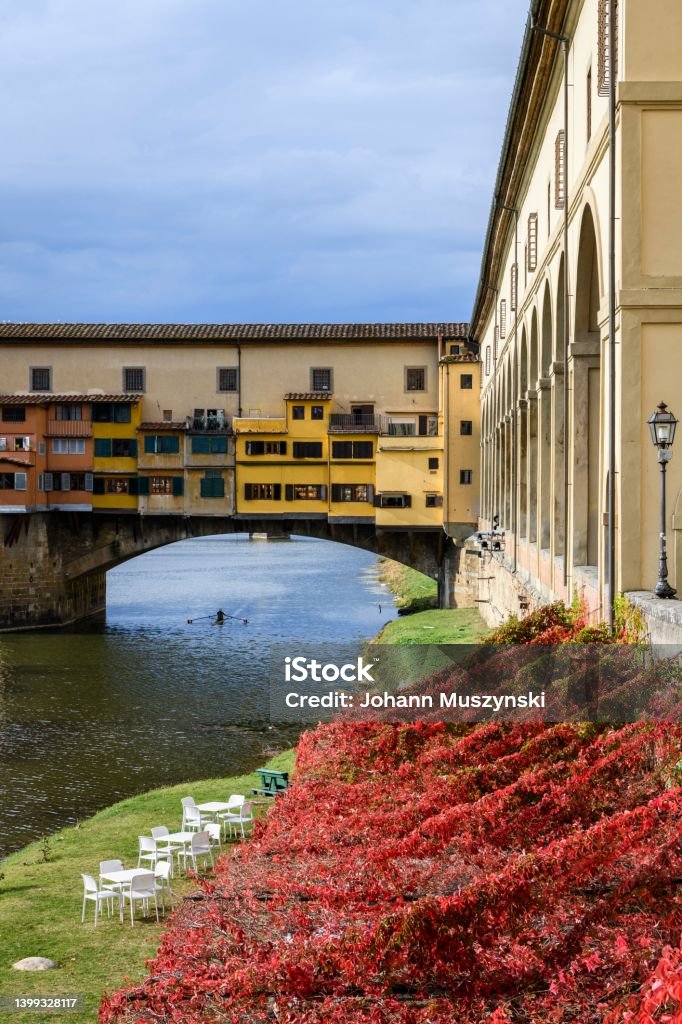 The Ponte Vecchio of Florence The Ponte Vecchio of Florence is a closed-spandrel segmental stone arch bridge, built in 1345. "nToday, there are jewelry stores there. Florence, Italy, 14 november 2021. Tuscany Stock Photo