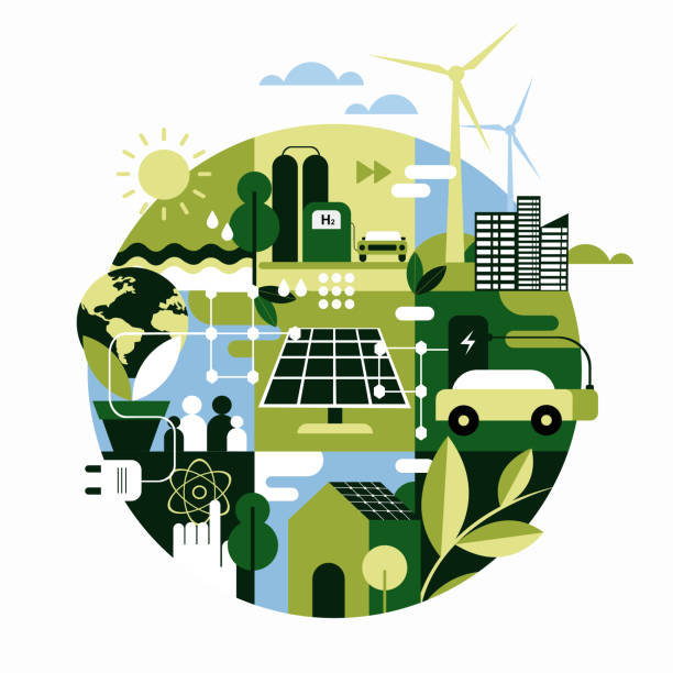 ilustraciones, imágenes clip art, dibujos animados e iconos de stock de ilustración geométrica que expresa fuentes de energía ecológicas no contaminantes - cambio climatico