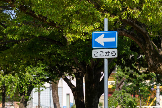istock Japanese road sign with arrow meaning one way 1399329295