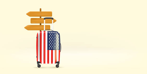 istock Travel suitcase with american flag and pointer. World travel concept. 3d vector banner with copy space 1399329321