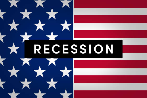 Word Recession on america flag background Recession is a business cycle contraction when there is a general decline in economic activity. Word Recession on america flag background us recession stock illustrations