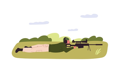 Sniper shooter with rifle gun in lying stance outdoors. Sharpshooter man with shotgun training at shooting range in nature, pointing. Flat vector illustration isolated on white background.