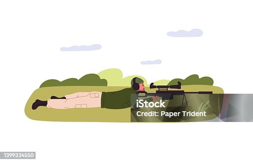 istock Sniper shooter with rifle gun in lying stance outdoors. Sharpshooter man with shotgun training at shooting range in nature, pointing. Flat vector illustration isolated on white background 1399334550