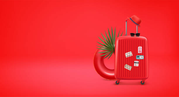 istock Red travel suitcase with stamps and red floater, sunglasses and red hat. 3d vector banner with copy space 1399334896