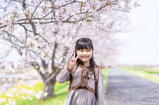 Girl posing for a peace pose under a cherry tree