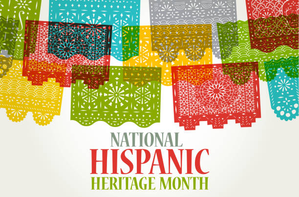 National Hispanic Heritage Month Colourful overlapping silhouettes of Papel Picado. Mexican Paper cut art, Bunting, Garland, Party, National Hispanic Heritage Month hispanic day illustrations stock illustrations