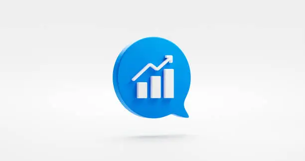 Photo of Blue up arrow graph 3d icon bubble message isolated on white background with business finance profit chart symbol or growth money stock financial investment diagram and success grow economy exchange.