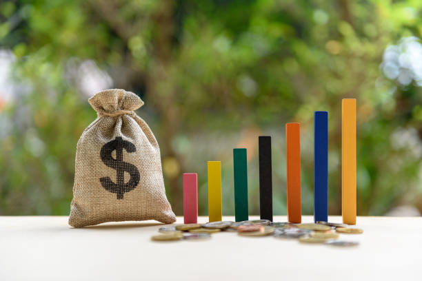 Government budget, public spending concept : Dollar bag, increasing height bar graphs on a table, depicts the increment in annual financial budget or revenues that government collects from tax payer. presupuesto del gobierno, concepto de gasto público: bolsa de dólares, gráficos de barras de altura creciente en una tabla, representa el incremento en el presupuesto financiero anual o los ingresos que el gobierno recauda de los contribuyentes.