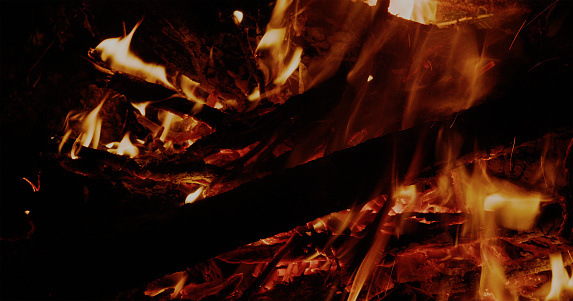 A burning fire at night.