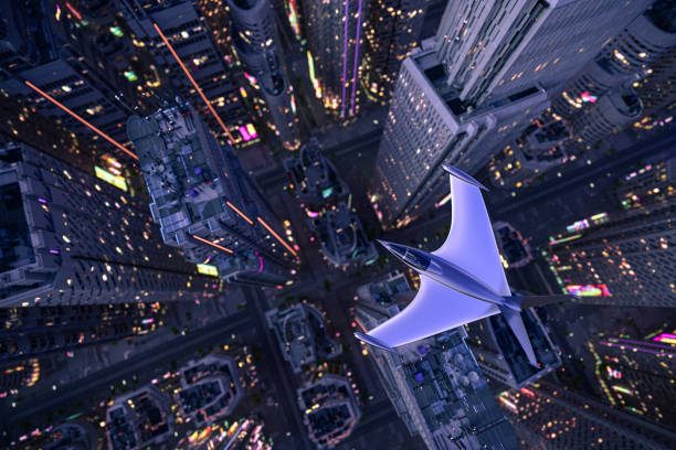 istock Electric plane fly over the city 1399336455