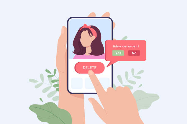 Hands holding phone and deleting account from social network Hands holding phone and deleting account from social network. Woman pressing delete button on smartphone, deleting personal information flat vector illustration. Addiction, modern technology concept delete key stock illustrations