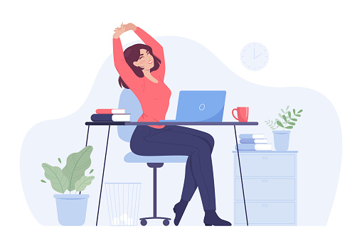Woman sitting at workplace and stretching. Calm employee sitting at desk or computer table in office, having break after working on laptop flat vector illustration. Rest, relax, work concept
