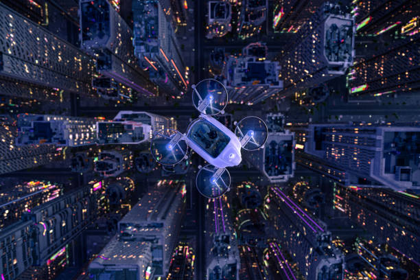 eVTOL fly over the city These aircrafts use battery power to lake off, hover, and land, so their electric power has the chance to change how we think about green transportation in the future. They can be used to transport people and cargo.3D rending. helicopter modern stock pictures, royalty-free photos & images