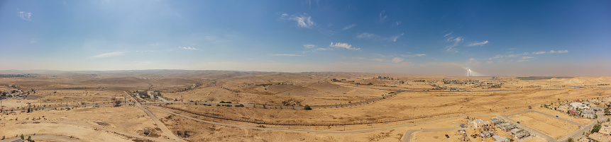 180 dgree panorama from the sky over Tlalim village of Negev desert at morning