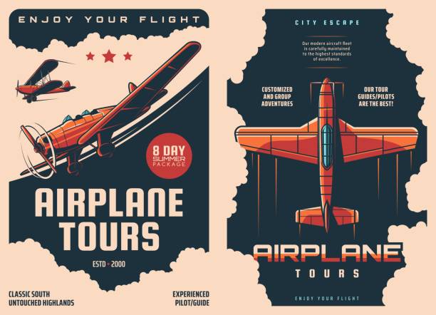 Airplane tours retro posters, air travel and avia tourism, passenger flights and tickets booking. Vector vintage posters of airlines tours on private jets or charter flight with travel guide pilots