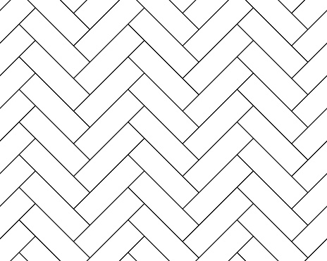 Herringbone parquet tile, vector seamless pattern of floor white background. Black line herringbone parquet tile of geometric diagonal bricks in zigzag, floor or wall interior pattern background