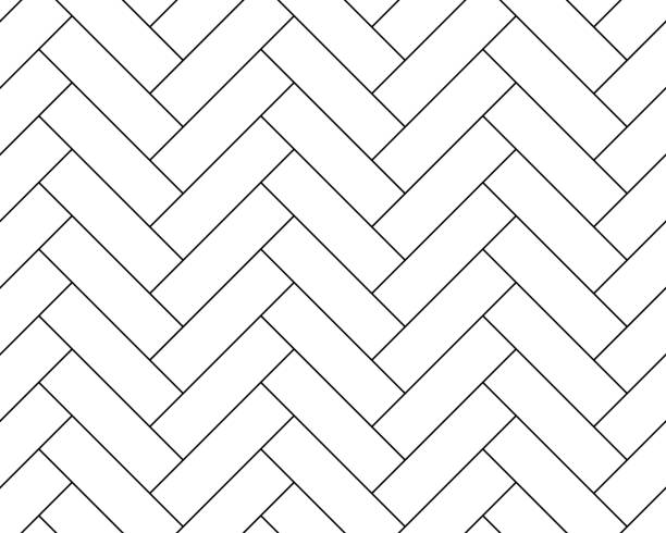 Herringbone parquet tile seamless pattern, bricks Herringbone parquet tile, vector seamless pattern of floor white background. Black line herringbone parquet tile of geometric diagonal bricks in zigzag, floor or wall interior pattern background herringbone stock illustrations