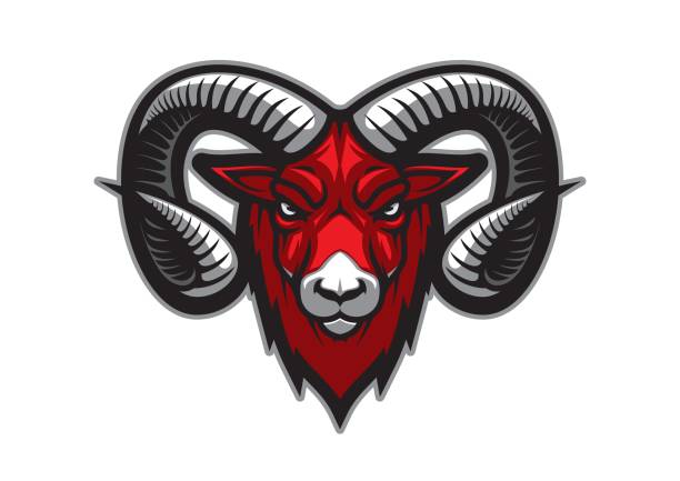 Mountain goat mascot, bighorn ram or sheep Mountain goat mascot with vector head of bighorn ram. Sport team mascot of isolated cartoon goat animal with angry face, large curved horns and red fur, strong aggressive mammal monster tattoo ram stock illustrations