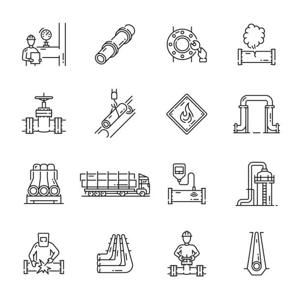 Pipeline, gas oil industry icons, pipes and valves Pipeline, gas oil industry icons. Vector system of oil and gas transportation pipes with valves, taps and tubes, petroleum factory and refinery plant workers, pipeline construction and repair gauge pressure gauge pipe valve stock illustrations