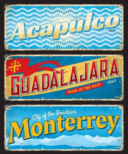 Vector illustration of Monterrey, Guadalajara, Acapulco city stickers