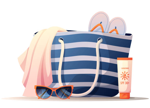 strandtasche, handtuch, hausschuhe, sonnencreme, sonnenbrille. strandausrüstung zum entspannen am strand. sommerillustration. - relaxation vacations heat sunglasses stock-grafiken, -clipart, -cartoons und -symbole