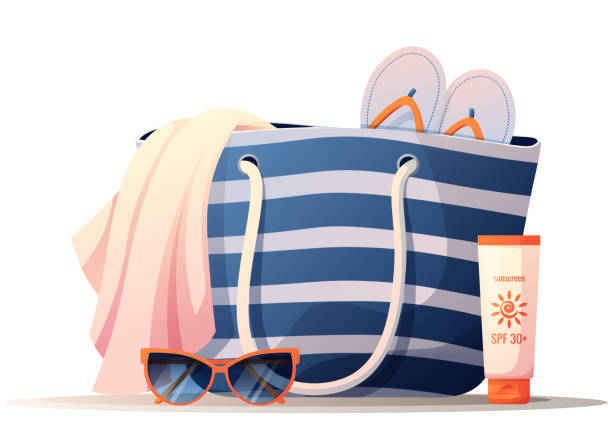 illustrazioni stock, clip art, cartoni animati e icone di tendenza di borsa da spiaggia, telo, pantofole, crema solare, occhiali da sole. attrezzatura da spiaggia per rilassarsi in spiaggia. illustrazione estiva. - purse bag isolated fashion