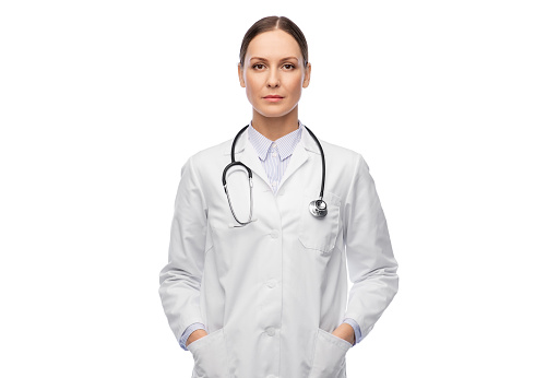 medicine, profession and healthcare concept - female doctor in white coat with stethoscope