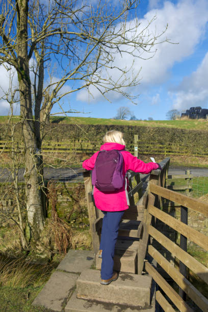 scene of an active senior female hiker crossing a wooden bridge on a hiking trail to pendle hill near clitheroe in lancashire, england. - pendle imagens e fotografias de stock
