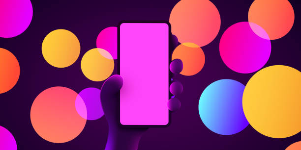 istock Cute cartoon hand holding mobile smart phone. Modern mockup. 1399341588