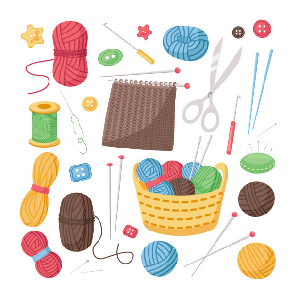 ilustrações de stock, clip art, desenhos animados e ícones de accessories for knitting cartoon illustration set - sewing needlecraft product needle backgrounds