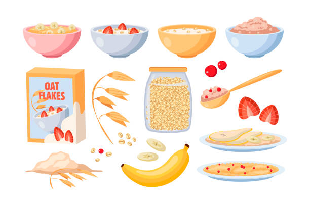 illustrazioni stock, clip art, cartoni animati e icone di tendenza di porridge di farina d'avena per colazione set di illustrazioni di cartoni animati - oatmeal heat bowl breakfast