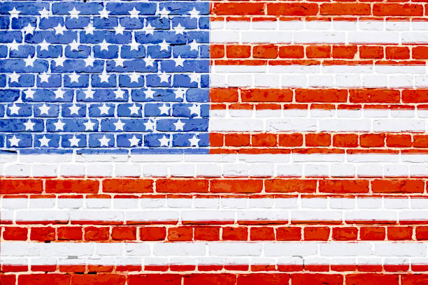 illustrations, cliparts, dessins animés et icônes de drapeau plein cadre des états-unis peint comme graffiti sur mur de briques blanches effet grunge arrière-plans rétro horizontaux - wall brick backgrounds textured effect