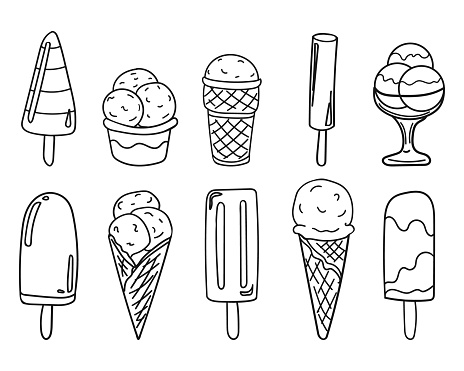 Black and white set of different kinds of ice cream in the Doodle style: ice cream on a stick, in a waffle cone and cup, fruit ice. Vector image.