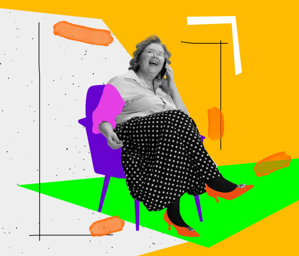 istock Happy middle age woman talking on phone on abstract background with drawings.Bright contemporary art collage. Ideas, vintage, retro style, imagination. 1399346232