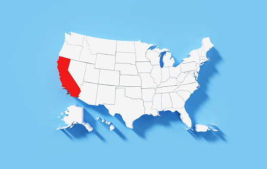 Extruded physical map of USA on white background. State of California is highlighted in red. Horizontal composition with copy space. Clipping path is included.