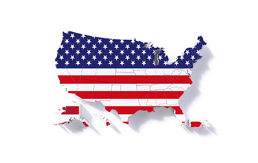 Extruded physical map of USA textured with American flag on white background. Horizontal composition with copy space. Clipping path is included.