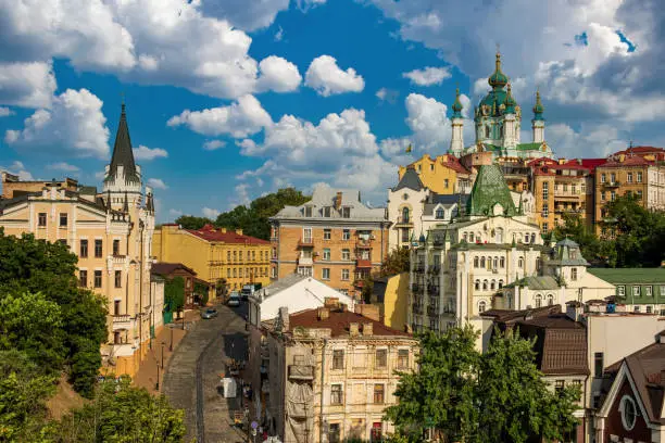 Photo of Picturesque view to Andriivsky descent in the center of Ukrainian capital, Kyiv, Ukraine