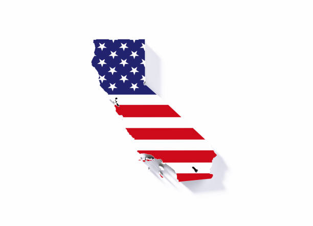 Extruded physical map of California State textured with American flag on white background. Horizontal composition with copy space. Clipping path is included.