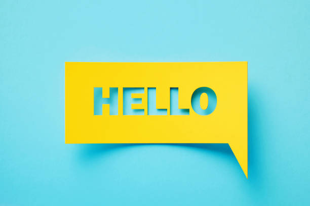 Hello Written Rectangular Shaped Yellow Chat Bubble On Turquoise Background Hello written rectangular shaped yellow chat bubble sitting on turquoise background. Horizontal composition with copy space. greeting stock pictures, royalty-free photos & images