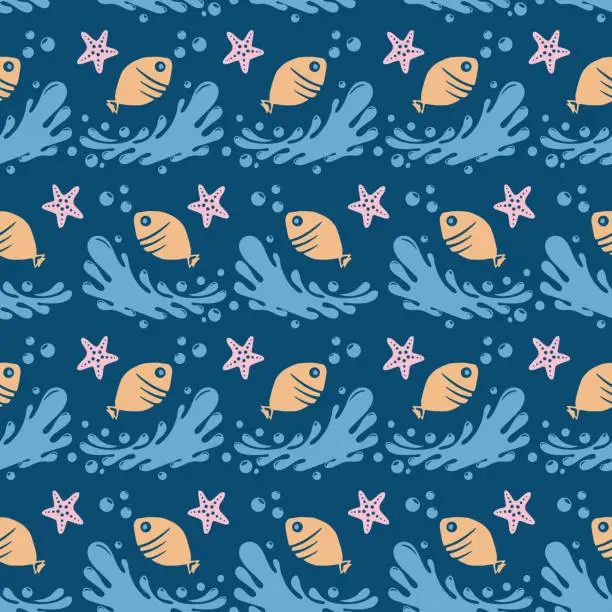 Vector illustration of Oceanic Kids Pattern in Azure
