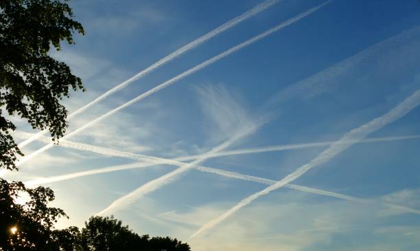 istock Contrails at the evening sky 1399350369