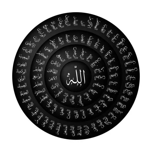 Arabic calligraphy of god's names on disk on white background with copy space