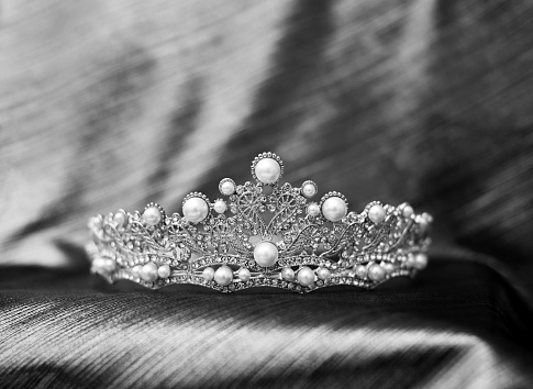 Royal luxury wedding diadem woth pearls. Filigree, black and white