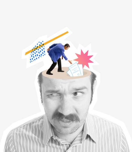 istock Contemporary art collage. Black and white man's head with colorful thoughts image of businessman working with professional papers 1399352665