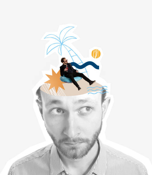 istock Contemporary art collage. Businessman thinking about long-expected vacation. Black and white portrait with colorful dream image 1399352666