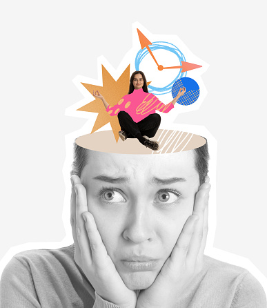 Contemporary artwork. Black and white portrait of sad girl with colorful thought of working meditation. Following business plan. Concept of emotion, deadlines, business, imagination, time management